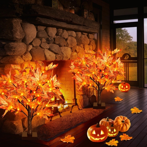 1.5ft Lighted Maple Tree, Artificial Fall Maple Tree with 36 LED Lights, 72 Leaves,6 Acorns, Autumn Tabletop Tree with Burlap Base for Indoor Fall
