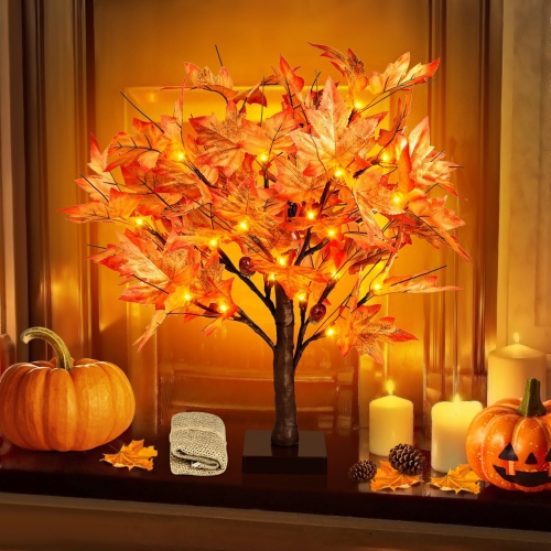 NIERBO  1.5Ft Lighted Maple Tree, Artificial Fall Tree Light, Timer 36 Led Light, 72 Leaves, 6 Acorns Autumn Tabletop Tree Battery Operated for Indoor