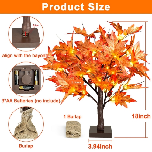 1.5ft Lighted Maple Tree, Artificial Fall Tree Light, Timer 36 LED Light, 72 Leaves, 6 Acorns Autumn Tabletop Tree Battery Operated for Indoor Fall