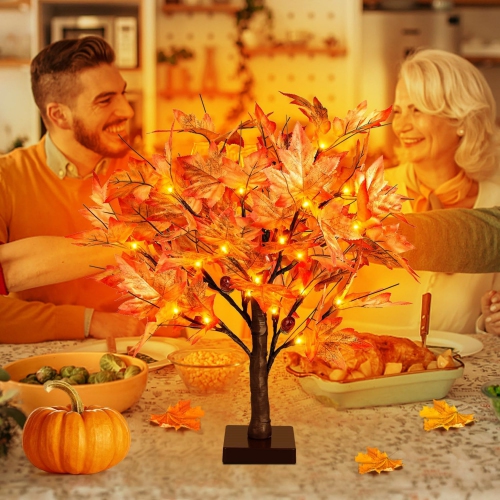 1.5ft Lighted Maple Tree, Artificial Fall Tree Light, Timer 36 LED Light, 72 Leaves, 6 Acorns Autumn Tabletop Tree Battery Operated for Indoor Fall