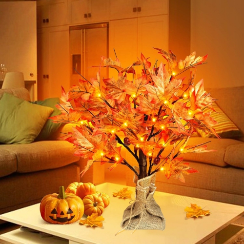 1.5ft Lighted Maple Tree, Artificial Fall Tree Light, Timer 36 LED Light, 72 Leaves, 6 Acorns Autumn Tabletop Tree Battery Operated for Indoor Fall
