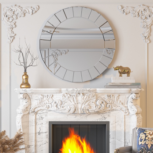 32 inch Round Decorative Mirror Wall: Large Silver Vanity with Sunburst Glass Frame Edge and Back, Modern Home Mirrored Art Accent Decor for Bathroom