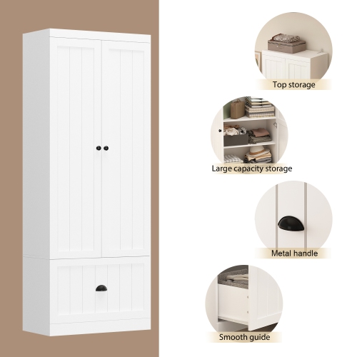 Homsee 70.9 in. H x 86.8 in. W, White Wood Shoe Storage Bench, Coat Hanger & Wardrobe 3-IN-1, White