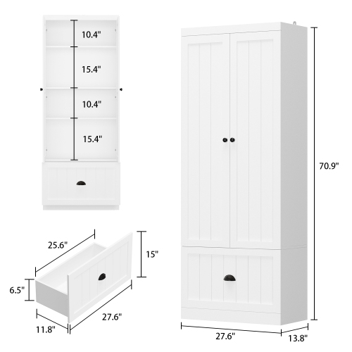 Homsee 70.9 in. H x 86.8 in. W, White Wood Shoe Storage Bench, Coat Hanger & Wardrobe 3-IN-1, White
