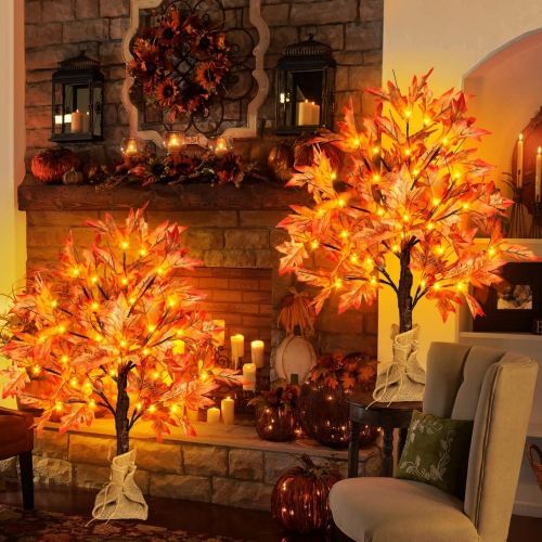 2FT Fall Lighted Maple Tree, 24 Inch Tabletop Artificial Tree with 36 LED Lights, 72 Leaves, 6 Acorn, Timer Battery Operated for Autumn Harvest Home