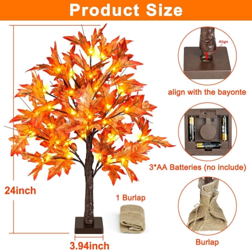 2FT Fall Lighted Maple Tree, 24 Inch Tabletop Artificial Tree with 36 LED Lights, 72 Leaves, 6 Acorn, Timer Battery Operated for Autumn Harvest Home
