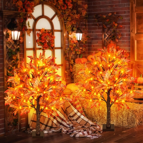 2FT Fall Lighted Maple Tree, 24 Inch Tabletop Artificial Tree with 36 LED Lights, 72 Leaves, 6 Acorn, Timer Battery Operated for Autumn Harvest Home