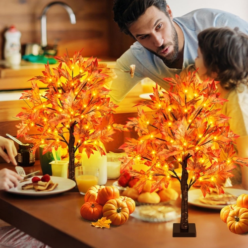 2FT Fall Lighted Maple Tree, 24 Inch Tabletop Artificial Tree with 36 LED Lights, 72 Leaves, 6 Acorn, Timer Battery Operated for Autumn Harvest Home
