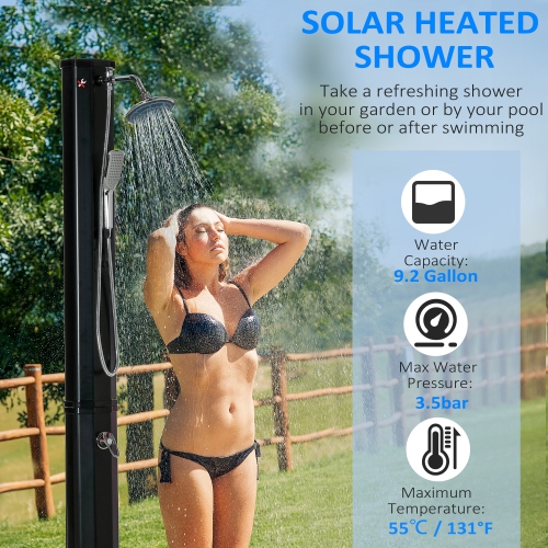 Outsunny 7ft Outdoor Solar Heated Shower w/ 360 Rotating Rainfall & Handheld Shower Head, Foot Shower Faucet, Temperature & Pressure Adjustable,