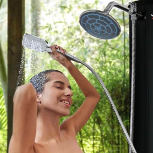 Outsunny 7ft Outdoor Solar Heated Shower w/ 360 Rotating Rainfall & Handheld Shower Head, Foot Shower Faucet, Temperature & Pressure Adjustable,