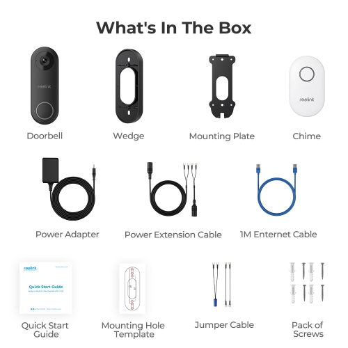 Sonnette vidéo Wi-Fi, sonnette vidéo intelligente Wi-Fi 2K+ avec fil, carillon, détection de personne, caméra de sécurité de porte d'entrée de Reolink
