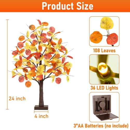 2FT Fall Lighted Eucalyptus Tree, Prelit Tabletop Artificial Tree with 36 LED Lights, 108 Leaves, Timing Battery Operated Fall Tree for Indoor Autumn