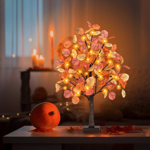 2FT Fall Lighted Eucalyptus Tree, Prelit Tabletop Artificial Tree with 36 LED Lights, 108 Leaves, Timing Battery Operated Fall Tree for Indoor Autumn
