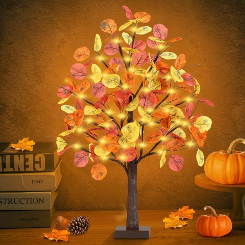 2FT Fall Lighted Eucalyptus Tree, Prelit Tabletop Artificial Tree with 36 LED Lights, 108 Leaves, Timing Battery Operated Fall Tree for Indoor Autumn