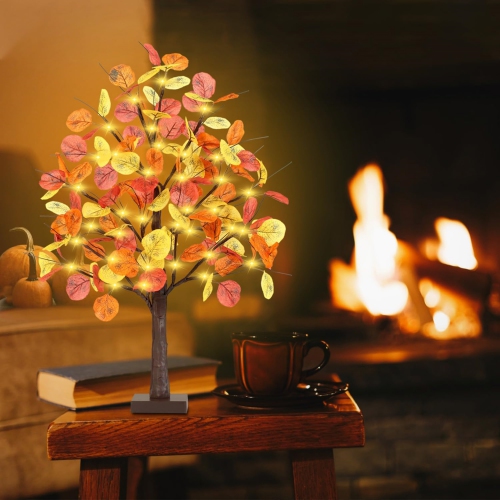 2FT Fall Lighted Eucalyptus Tree, Prelit Tabletop Artificial Tree with 36 LED Lights, 108 Leaves, Timing Battery Operated Fall Tree for Indoor Autumn
