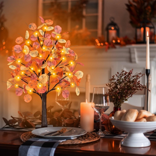 2FT Fall Lighted Eucalyptus Tree, Prelit Tabletop Artificial Tree with 36 LED Lights, 108 Leaves, Timing Battery Operated Fall Tree for Indoor Autumn