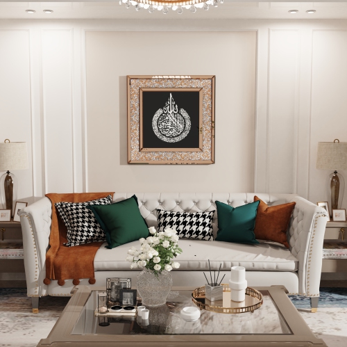 24 Inch Muslim Islamic Calligraphy Quran Wall Art Glass Mirrored Sparkle Crushed Crystal FrameFrame Canvas Painting Art Mirror for Gifts Entryway