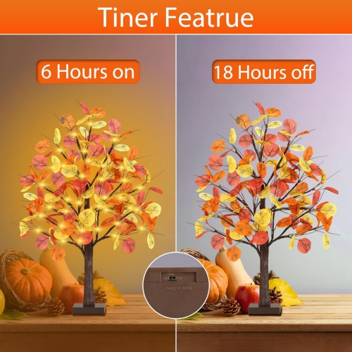 2FT Fall Lighted Eucalyptus Tree, Light Up Tabletop Artificial Tree with 36 LED Lights, 108 Leaves, Timer Battery Operated Fall Tree for Autumn