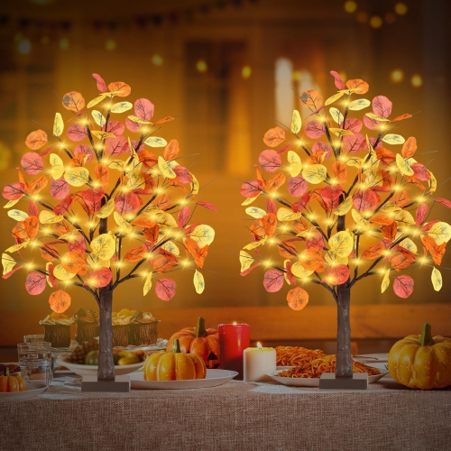 2FT Fall Lighted Eucalyptus Tree, Light Up Tabletop Artificial Tree with 36 LED Lights, 108 Leaves, Timer Battery Operated Fall Tree for Autumn