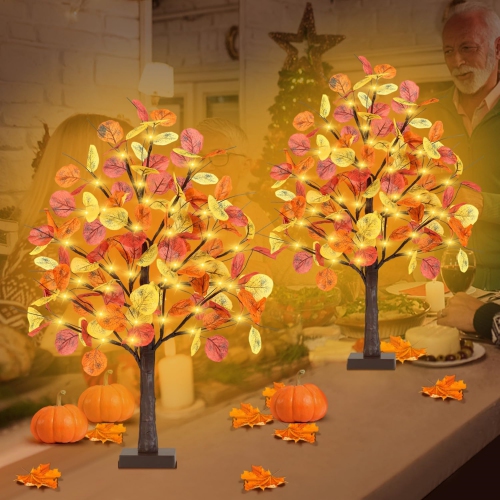 2FT Fall Lighted Eucalyptus Tree, Light Up Tabletop Artificial Tree with 36 LED Lights, 108 Leaves, Timer Battery Operated Fall Tree for Autumn
