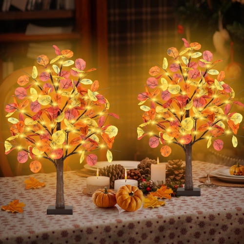 2FT Fall Lighted Eucalyptus Tree, Light Up Tabletop Artificial Tree with 36 LED Lights, 108 Leaves, Timer Battery Operated Fall Tree for Autumn