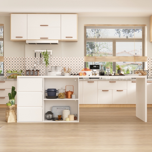 Homsee Spacious White Kitchen Island with Ample Storage, Cabinet Doors, Drawer, and Open Shelving,White