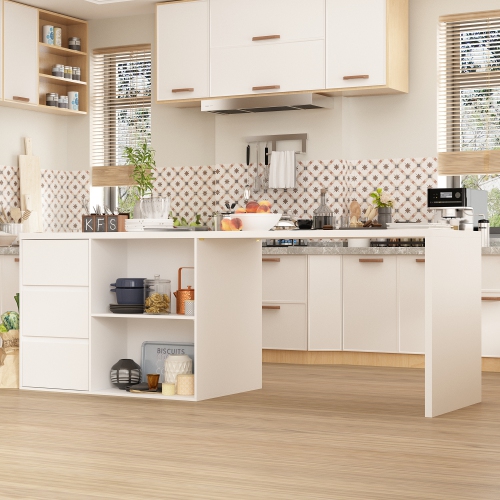 Homsee Spacious White Kitchen Island with Ample Storage, Cabinet Doors, Drawer, and Open Shelving,White