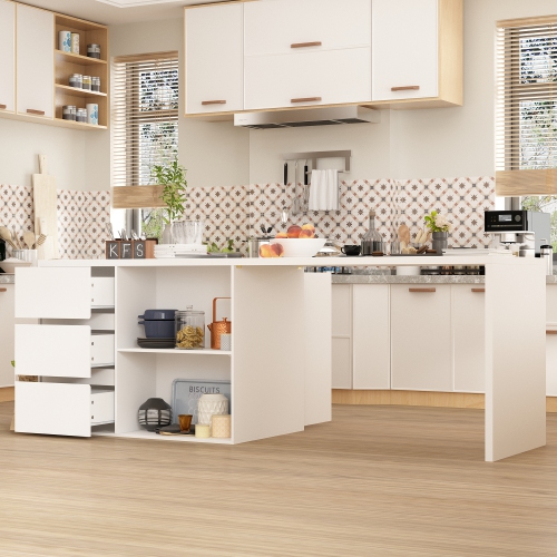 Homsee Spacious White Kitchen Island with Ample Storage, Cabinet Doors, Drawer, and Open Shelving,White