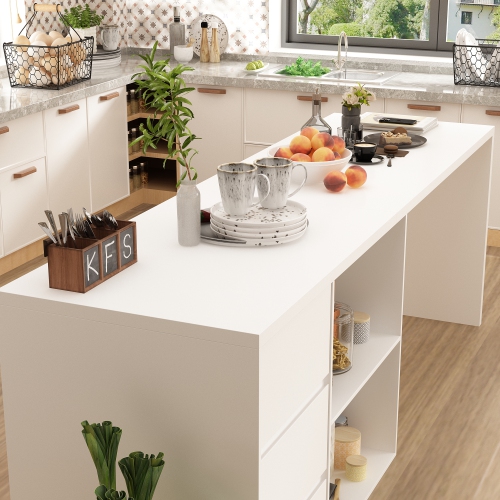 Homsee Spacious White Kitchen Island with Ample Storage, Cabinet Doors, Drawer, and Open Shelving,White