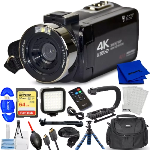 Caméra vidéo numérique 42&nbsp;Mpx de GeniusTech avec carte SD 64&nbsp;Go, télécommande, étui et trousse de câble