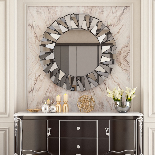 32 Inch Large Silver Vanity Round Decorative Mirror with Beveled Glass Frame Edge and Back for Modern Home Mirrored HD Art Accent Decor Bathroom