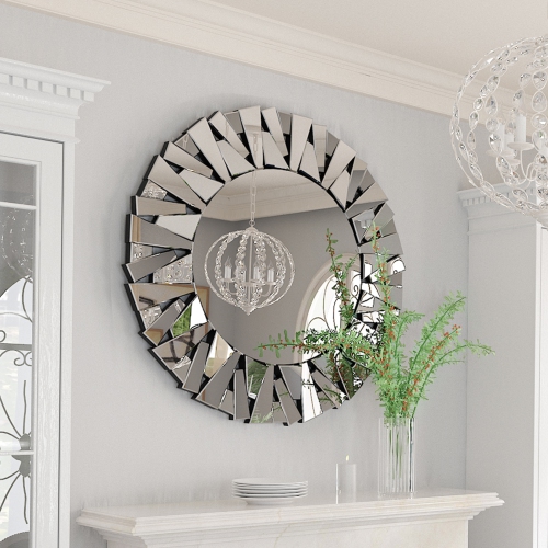 32 Inch Large Silver Vanity Round Decorative Mirror with Beveled Glass Frame Edge and Back for Modern Home Mirrored HD Art Accent Decor Bathroom