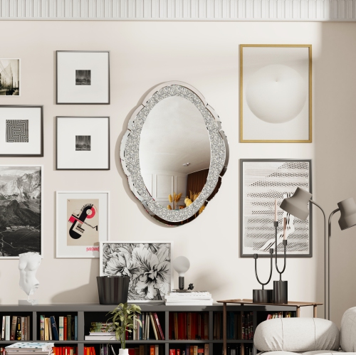 32 x 24 inch Large Modern Cloud-shape Accent Wall Mirror Decorative Silver Glass Vanity with Crush Diamond Bling Crystal Frame Edge, Home Luxury