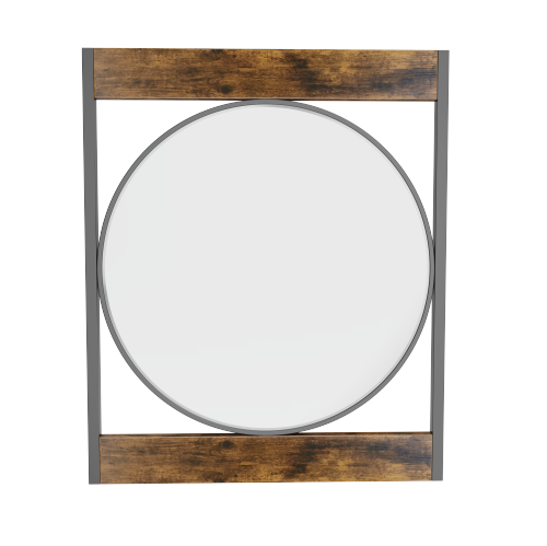 24 Inch Round Silver Glass Vanity Mirror Farmhouse Wooden Metal Wall Mirror with Rustic Wood Edge and Black Rectangular Frame Modern Art Home Decor