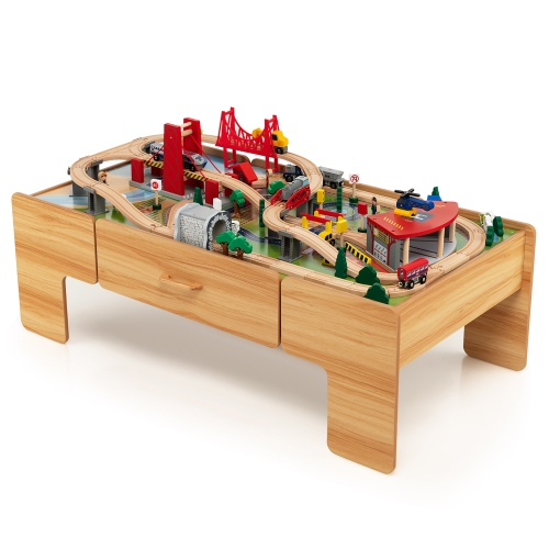 COSTWAY  Kids Wooden Train Set & Double-Sided Table Playset W/100 Pieces & Storage Drawer