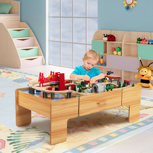 Costway Kids Wooden Train Set & Double-Sided Table Playset w/100 Pieces & Storage Drawer