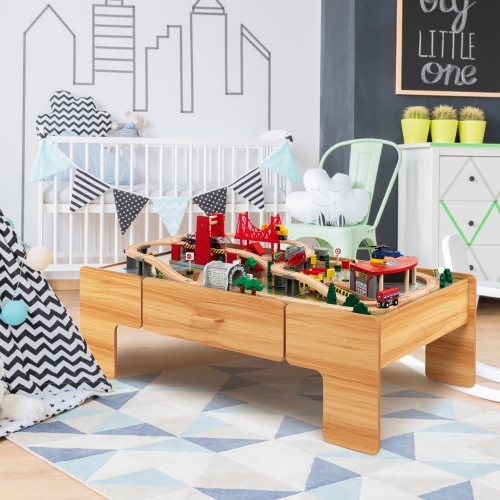Costway Kids Wooden Train Set & Double-Sided Table Playset w/100 Pieces & Storage Drawer