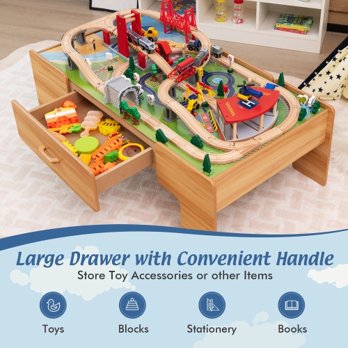 Costway Kids Wooden Train Set & Double-Sided Table Playset w/100 Pieces & Storage Drawer