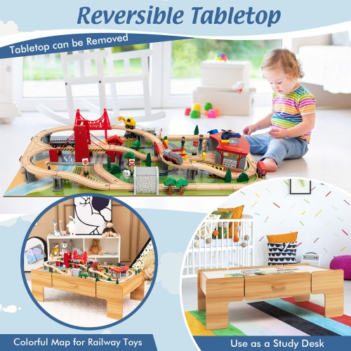 Costway Kids Wooden Train Set & Double-Sided Table Playset w/100 Pieces & Storage Drawer