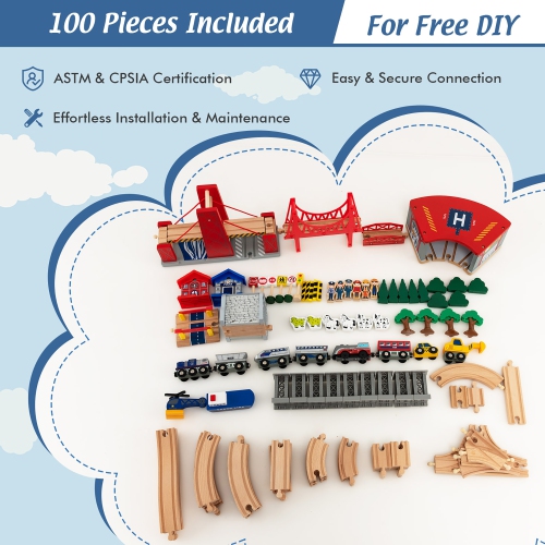 Costway Kids Wooden Train Set & Double-Sided Table Playset w/100 Pieces & Storage Drawer