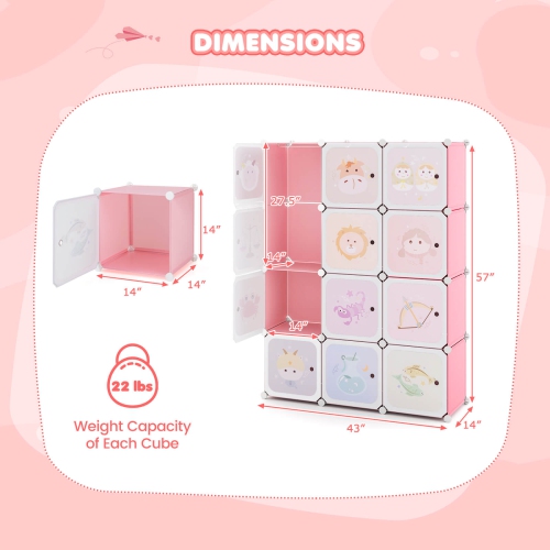 Costway 12-Cube Kids Wardrobe Baby Dresser Bedroom Armoire Clothes Hanging Closet with Doors