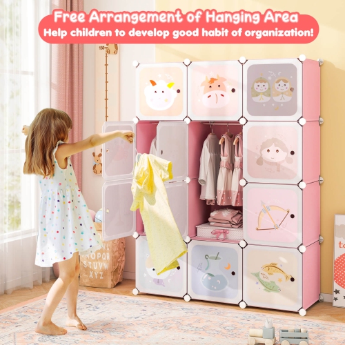 Costway 12-Cube Kids Wardrobe Baby Dresser Bedroom Armoire Clothes Hanging Closet with Doors