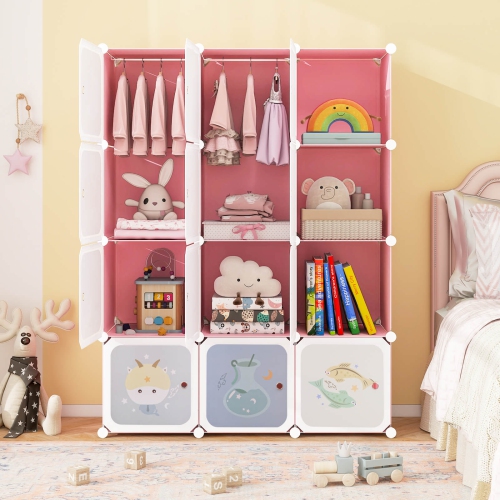 Costway 12-Cube Kids Wardrobe Baby Dresser Bedroom Armoire Clothes Hanging Closet with Doors