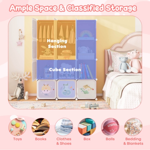 Costway 12-Cube Kids Wardrobe Baby Dresser Bedroom Armoire Clothes Hanging Closet with Doors