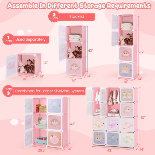 Costway 12-Cube Kids Wardrobe Baby Dresser Bedroom Armoire Clothes Hanging Closet with Doors