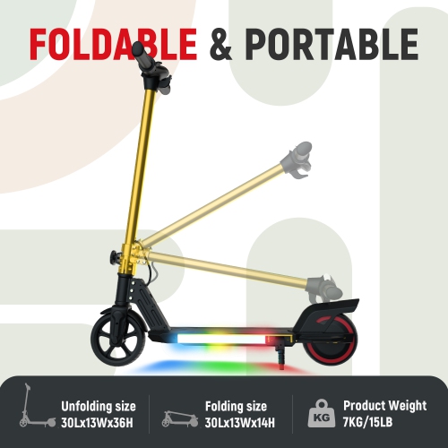 Trottinette électrique pliable de 6,5&nbsp;po pour enfants Gold de BIIST avec phares LED, phares avant et pédale lumineuse multicolore