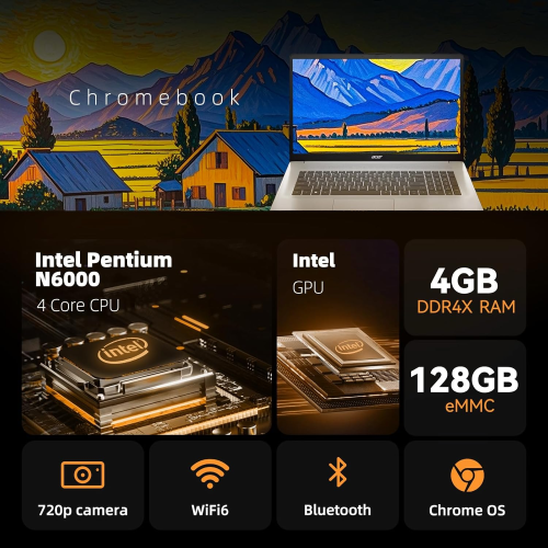 Acer - Chromebook 315 - portable HD 15,6 pouces - Processeur Intel Pentium N6000 4 cœurs - 4 Go LPDDR4X - 128 Go eMMC - Housse protection - Argent -