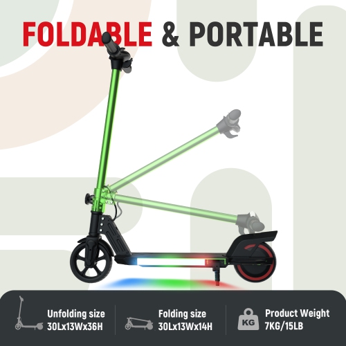 Trottinette électrique pliable pour enfants de 6,5 po vert de BIIST avec phares LED, phares avant et pédale lumineuse multicolore, cadre en