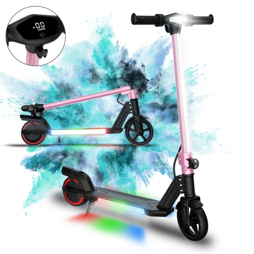 BIIST Pink 6.5" Foldable Kids Electric Scooter with LED Headlights, Front Lights, and Multicolor Light-Up Pedal, Durable Aluminium Frame