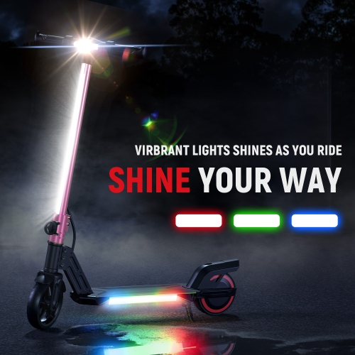Trottinette électrique pliable rose de 6,5&nbsp;po pour enfants de BIIST avec phares LED, phares avant et pédale lumineuse multicolore, cadre en